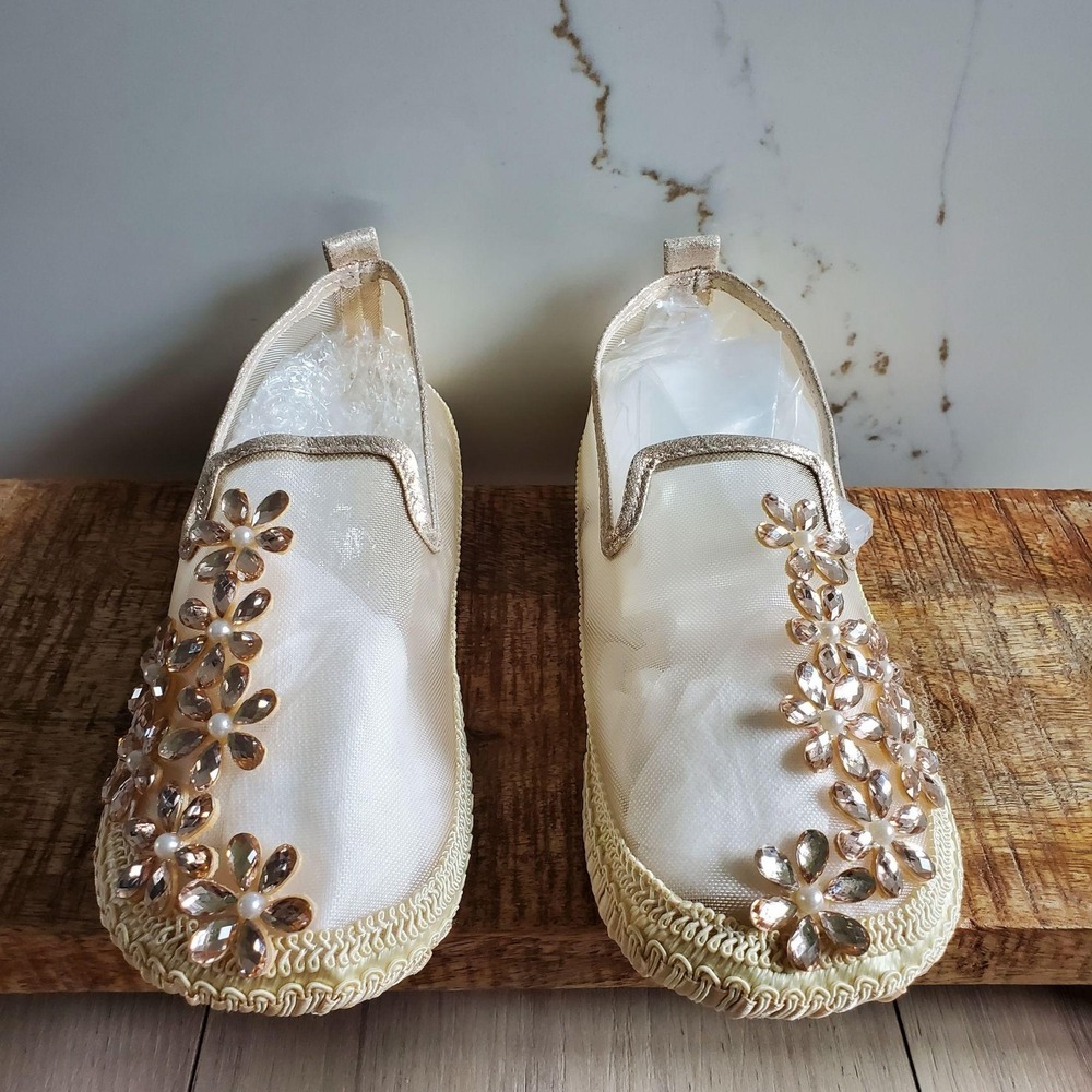 Floral Mesh Flats Womens 6 White Rhinestone Round Toe Slip On Wedding Shoes